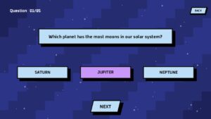 Quiz slide asking about Saturn with three multiple choice answer buttons