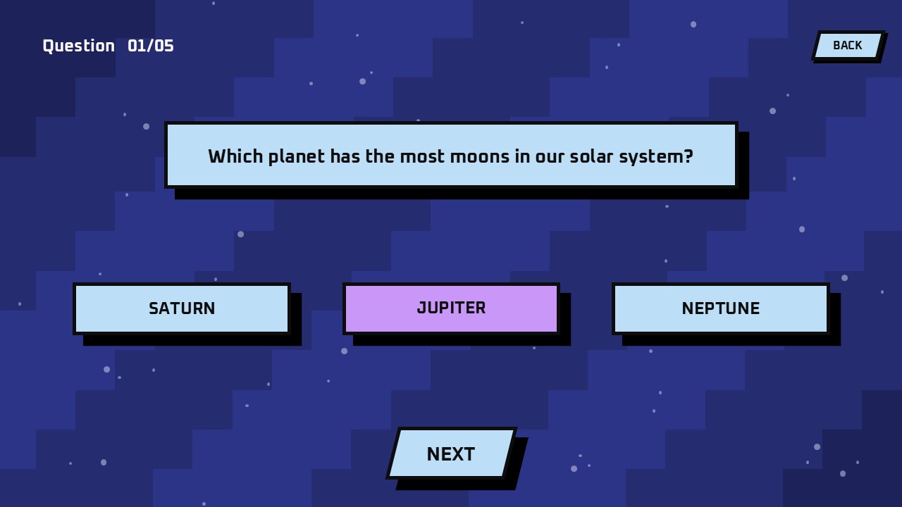Quiz slide asking about Saturn with three multiple choice answer buttons