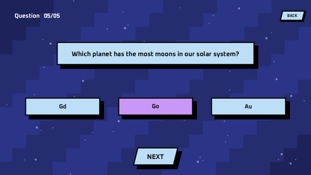 Chemistry quiz slide showing element symbol question with Au highlighted