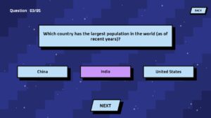 Geography quiz slide about population with three country answer options