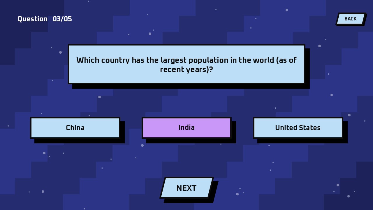 Geography quiz slide about population with three country answer options