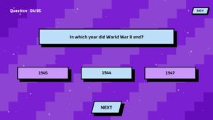 History quiz slide with purple background and date-based answer choices
