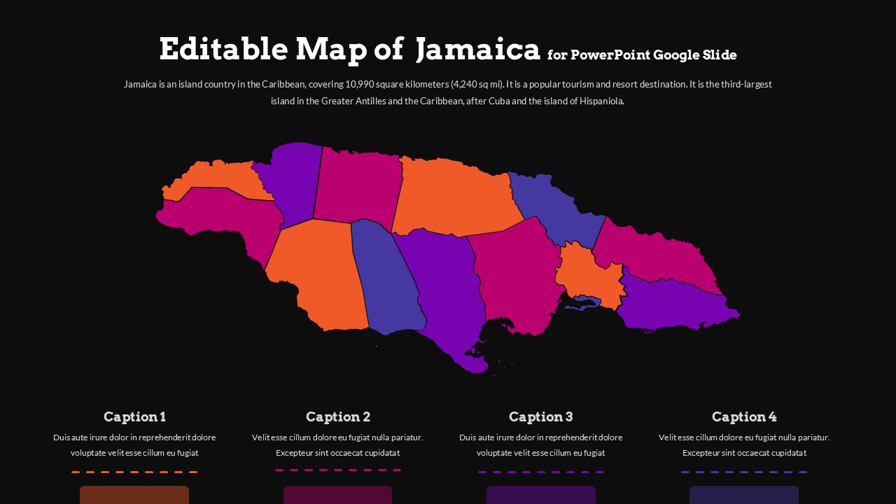 Editable Jamaica map template with color-coded regions on dark background