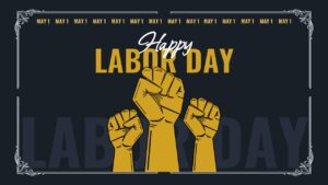 Professional dark-themed Free Labor Day slide with golden accents and solidarity symbols for formal workplace presentations