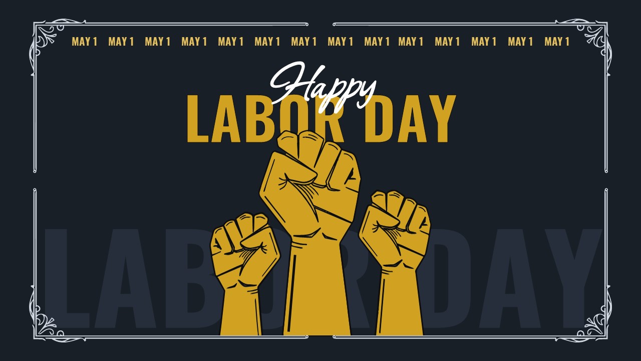 Professional dark-themed Free Labor Day slide with golden accents and solidarity symbols for formal workplace presentations