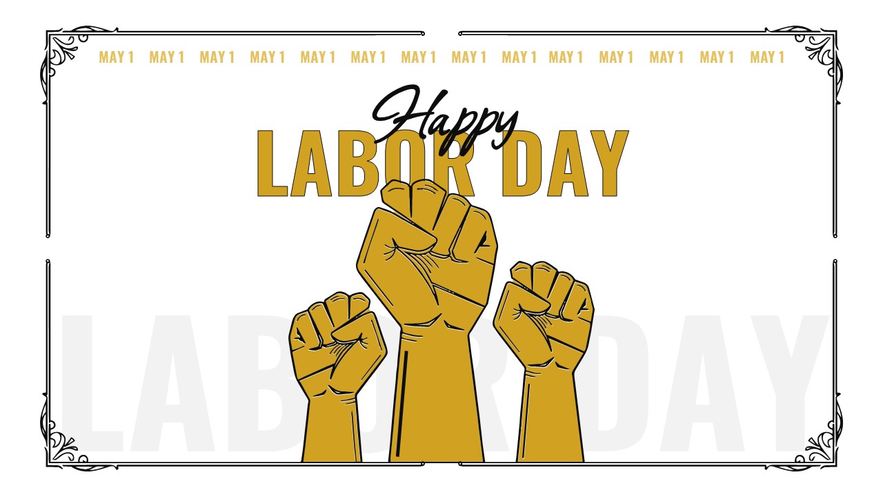 Vintage Free Labor Day slide with golden text and raised fists on cream background for May 1st worker solidarity presentations