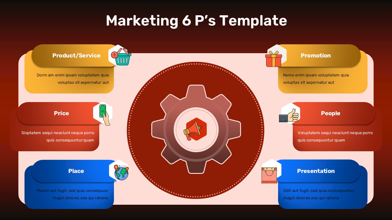 Business consultant presents comprehensive marketing mix analysis using colorful 6 P's template with gear-hub design layout