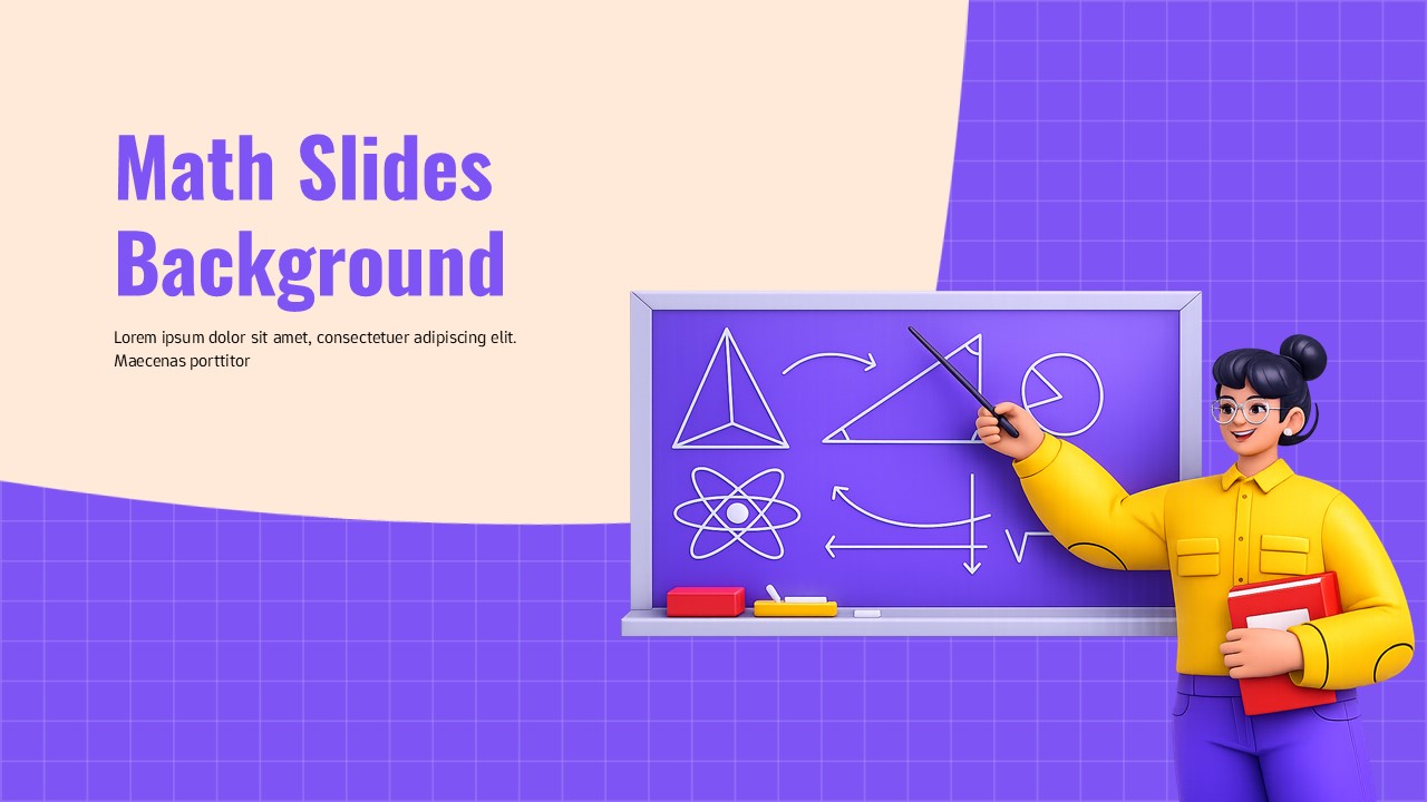 Math education slide template with teacher illustration and purple blackboard