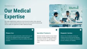 Doctors examining brain scans with service cards showing primary care, treatments, and diagnostic capabilities