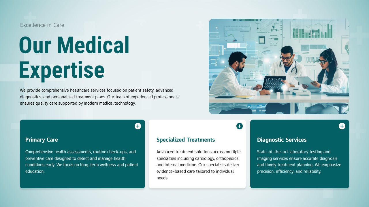 Doctors examining brain scans with service cards showing primary care, treatments, and diagnostic capabilities