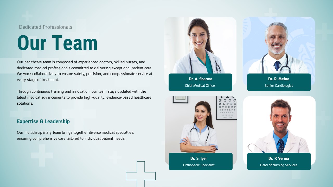 Diverse medical team portraits introducing key specialists including CMO, cardiologist, and nursing leadership