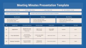 Organized meeting minutes template with agenda tracking table, turning chaotic discussions into clear action items