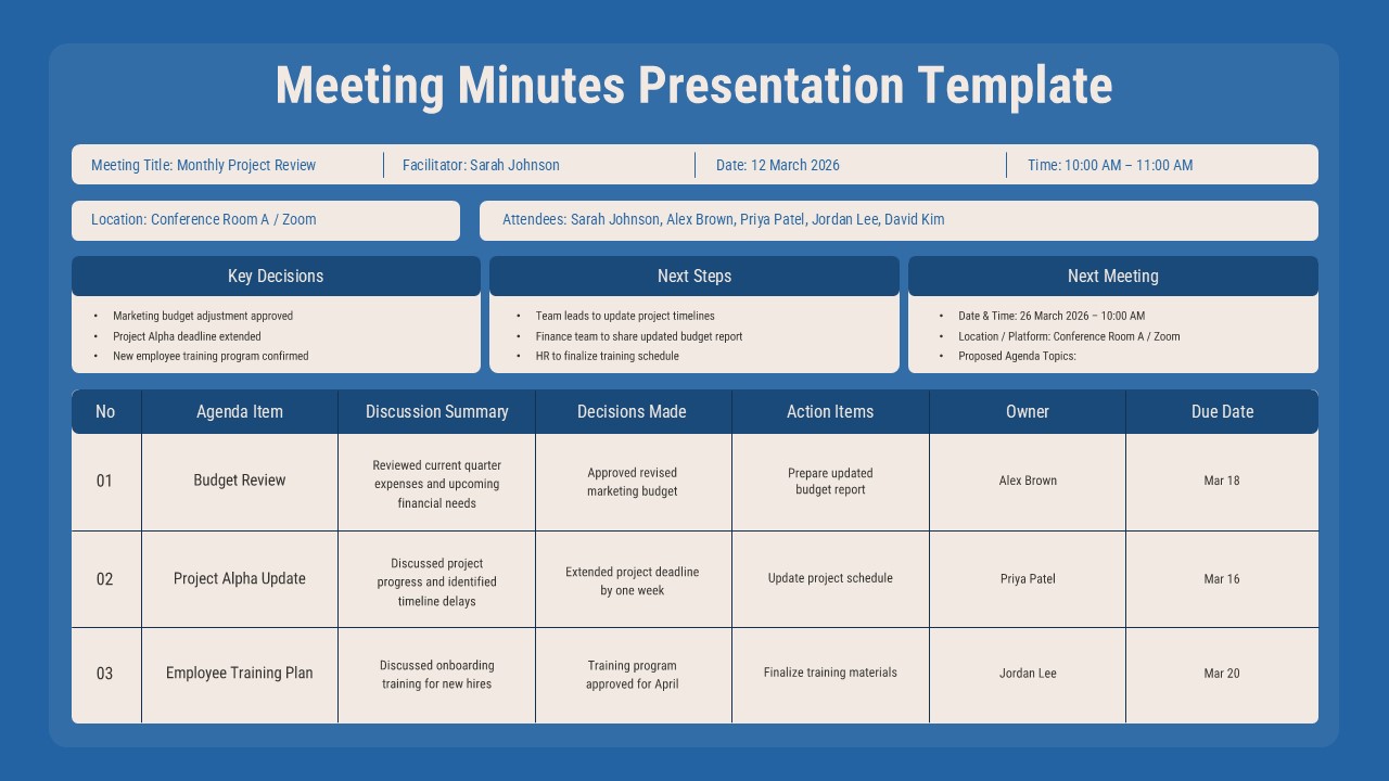 Organized meeting minutes template with agenda tracking table, turning chaotic discussions into clear action items