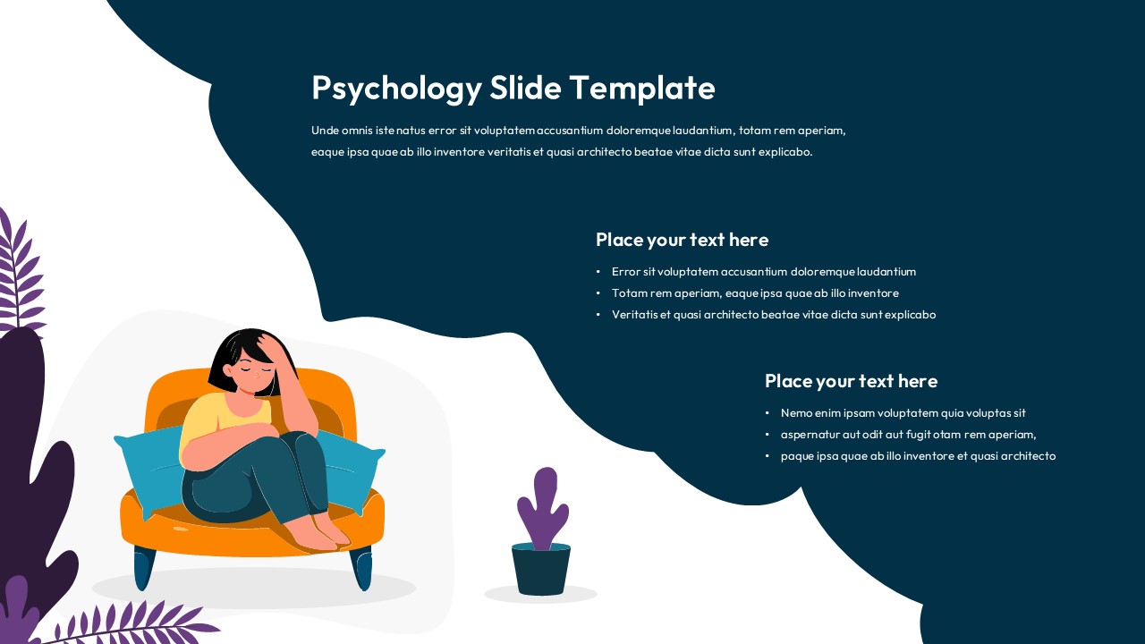 Psychology PowerPoint template with calming teal background, person illustration, and professional text layouts