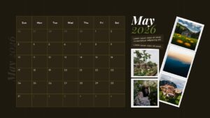 Dark-themed May 2026 calendar template with polaroid photo layout for sophisticated event planning and organization