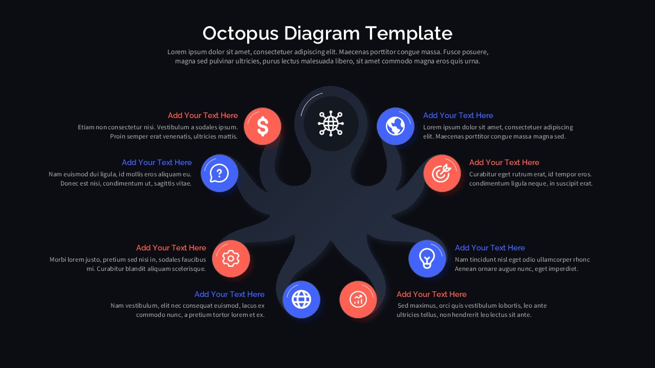 Dark theme octopus diagram template for PowerPoint with 8-point radial layout and professional design