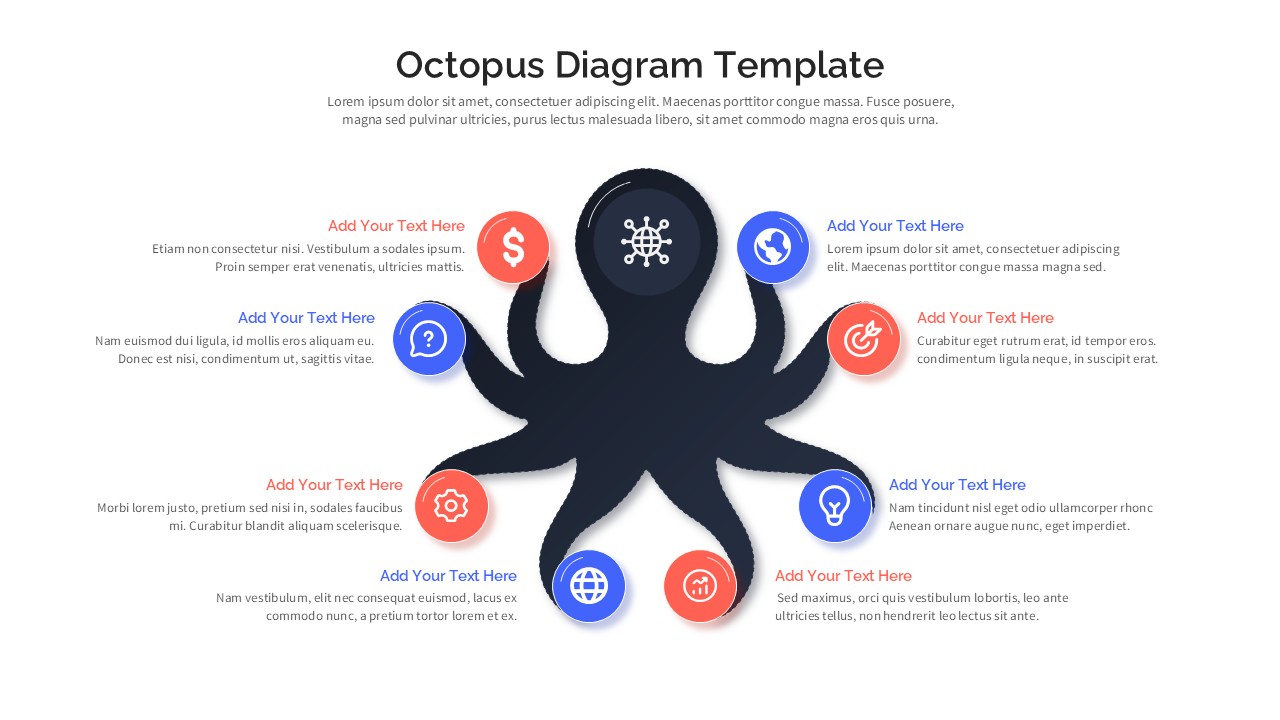 Octopus diagram PowerPoint template with 8 branches for business presentations and process visualization