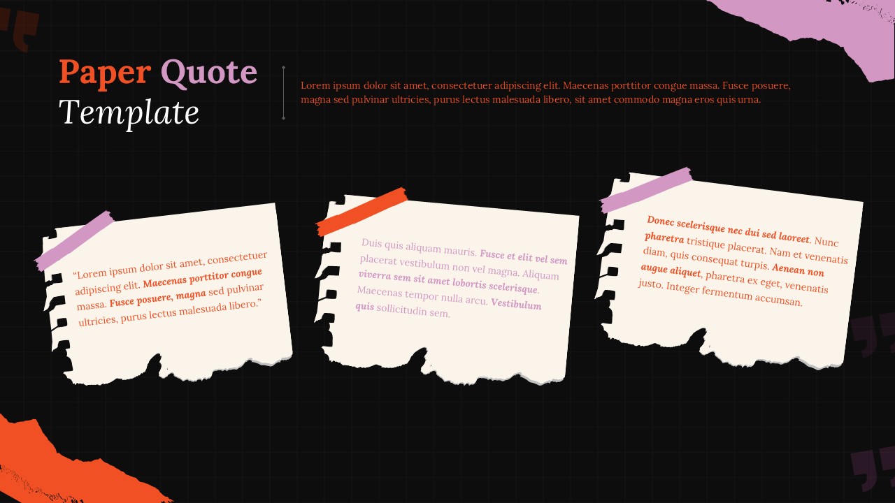 Dark background paper quote template with spiral notebook pages and orange purple tape accents