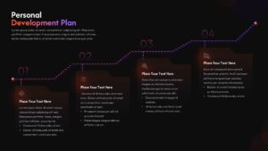 Dark theme personal development timeline with 4 numbered steps, ascending layout, coral to purple gradient