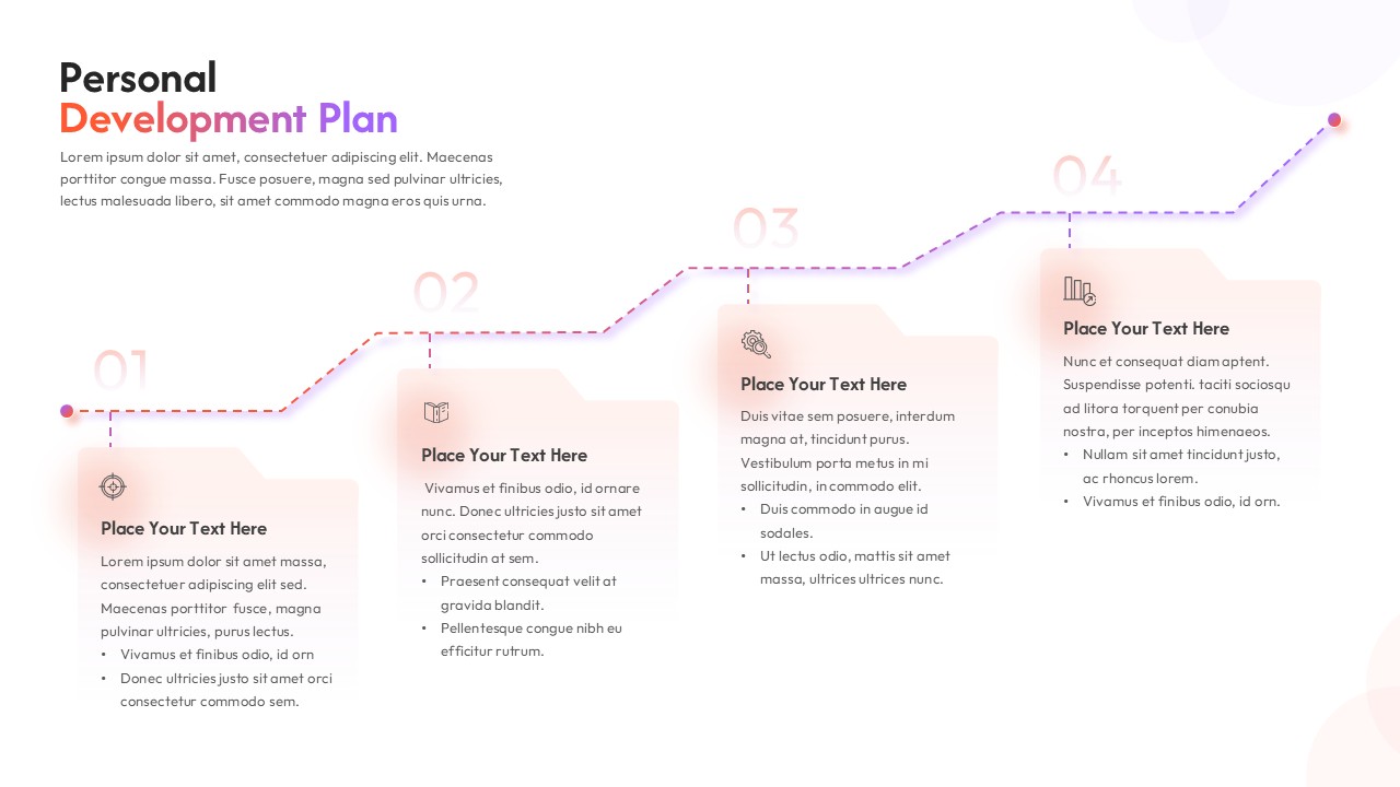 Personal development timeline template with 4 ascending steps, coral to purple gradient, light background