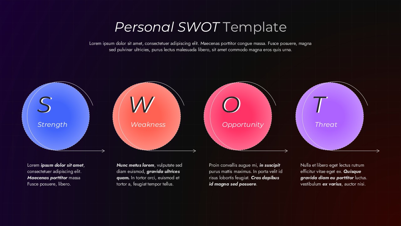 Dark theme personal SWOT template with 4 colored 3D circles on purple background for strategic self-assessment