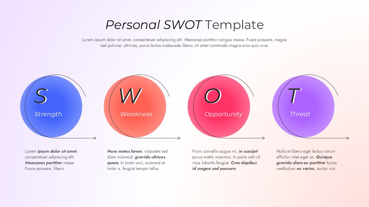 Personal SWOT analysis PowerPoint template with 4 colorful 3D circles for Strengths, Weaknesses, Opportunities, Threats