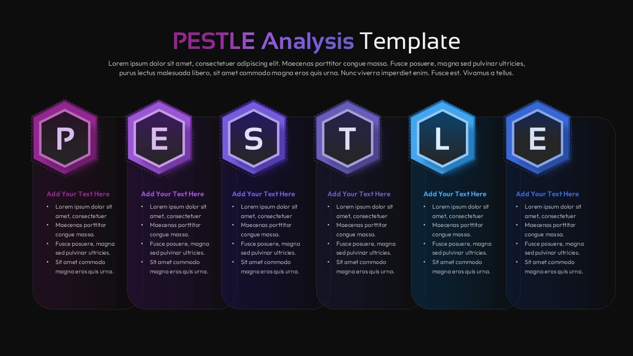 Dark theme PESTLE Analysis Google Slides template with glowing hexagonal design for business strategy presentations