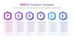 PESTLE Analysis PowerPoint template with six hexagonal icons and text sections for strategic business planning
