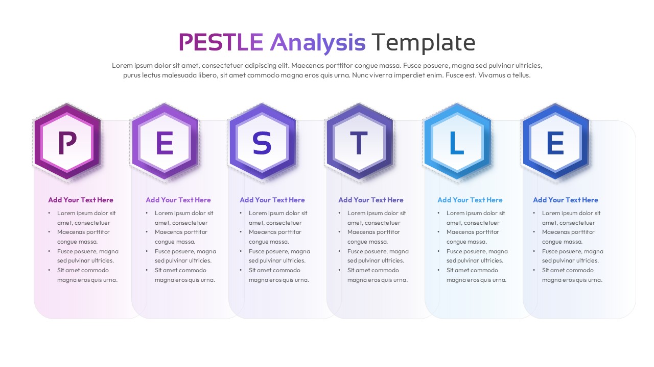 PESTLE Analysis PowerPoint template with six hexagonal icons and text sections for strategic business planning