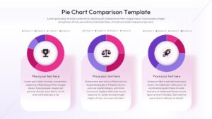 Light-themed pie chart comparison template featuring 3 colorful donut charts for data visualization presentations