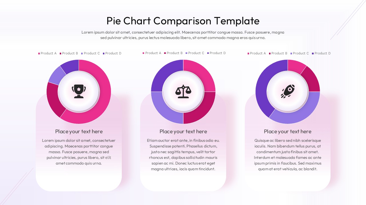 Light-themed pie chart comparison template featuring 3 colorful donut charts for data visualization presentations