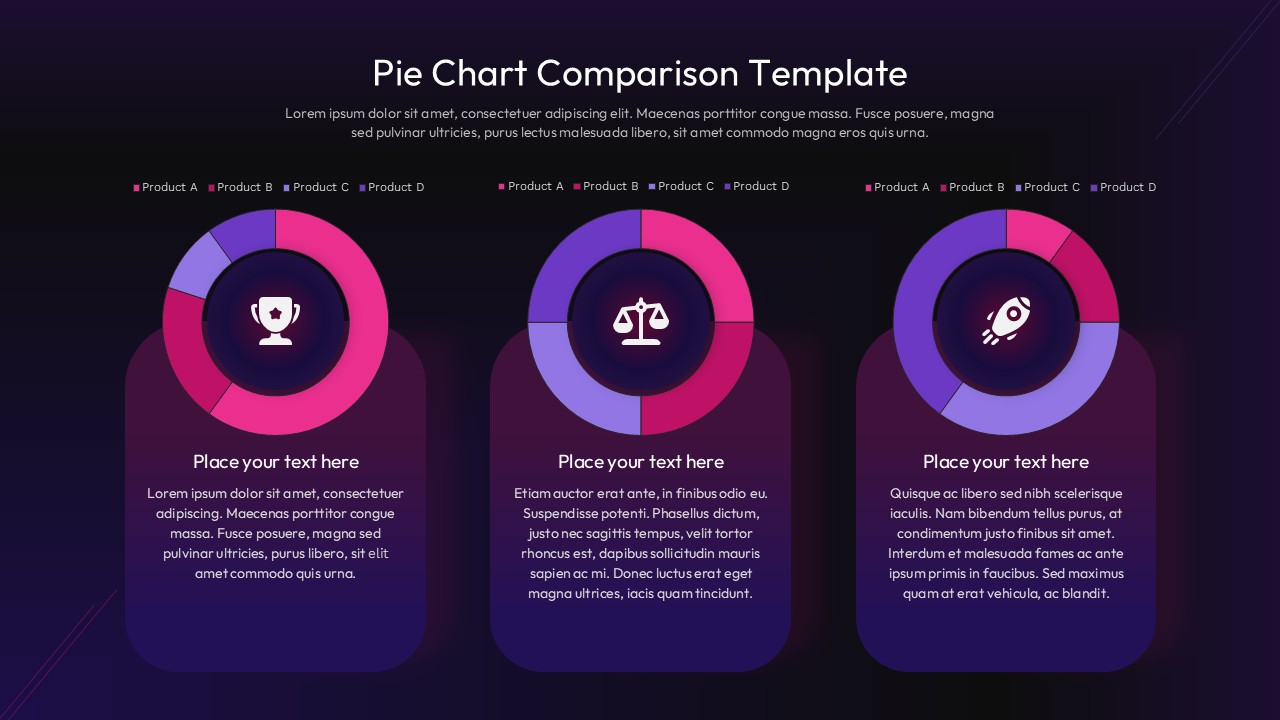 Dark-themed pie chart comparison template with 3 donut charts showing product data segments for business presentations