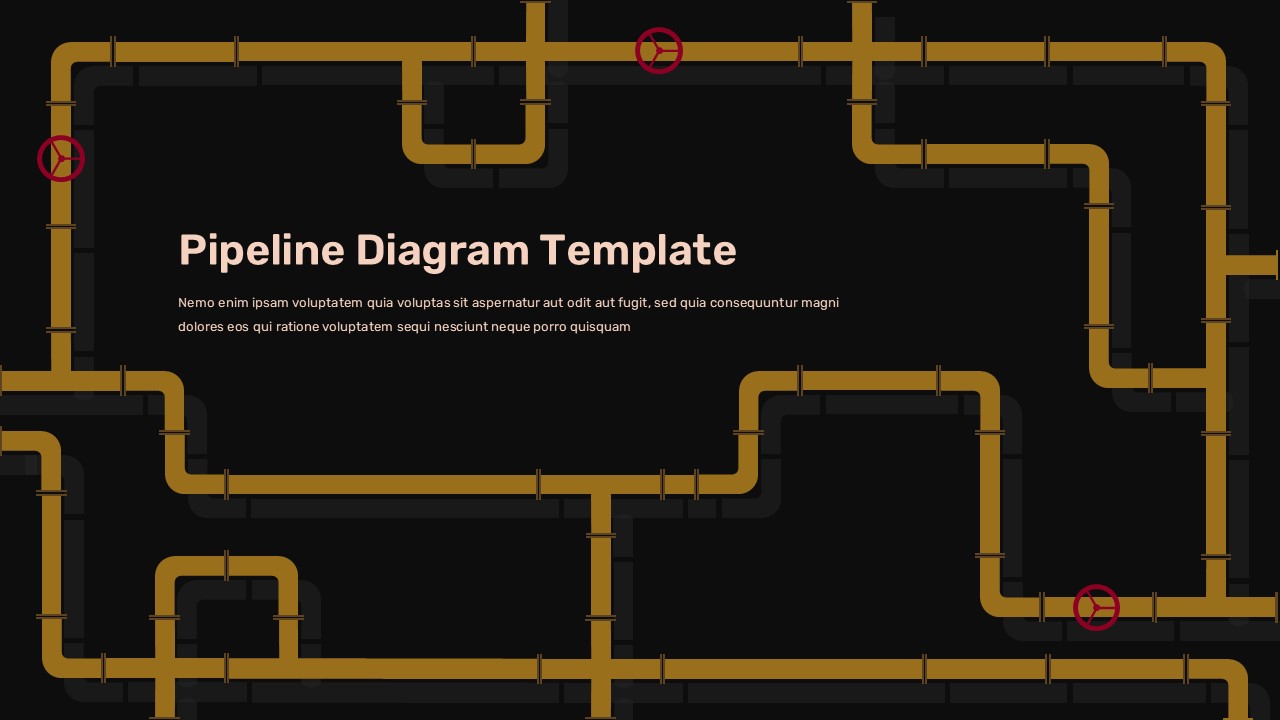 Golden pipeline network infographic template with red valves on dark background
