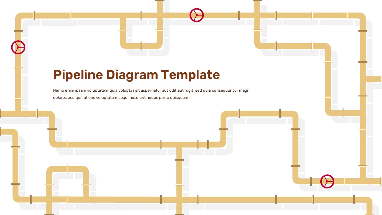 Golden pipeline network infographic template with red valves on white background