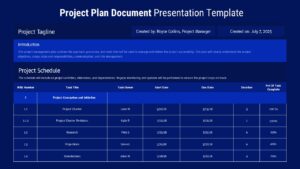 Project management template with darker blue theme displaying task tracking table and project documentation layout