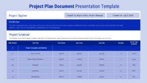 Project planning PowerPoint template with blue gradient design showing WBS table, task assignments, and progress tracking