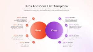 Light background pros and cons template with same orange and purple circle design and 8 numbered comparison sections