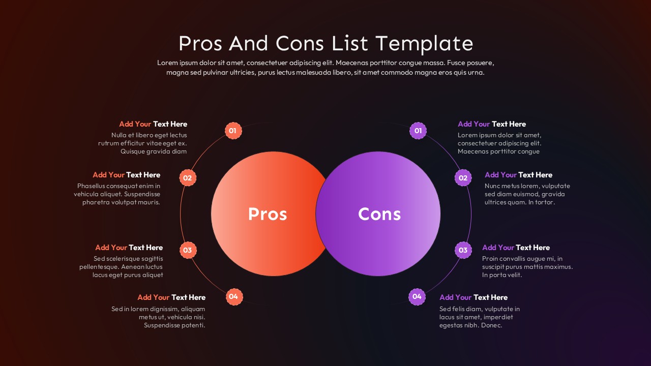 Pros and cons template with orange and purple overlapping circles, 8 numbered text sections on dark gradient background
