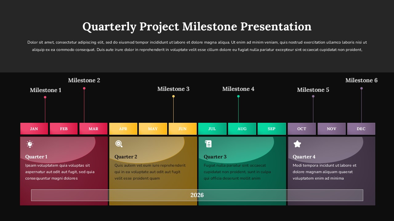 Dark-themed project milestone template with vibrant quarterly colors spanning 12 months for executive presentations