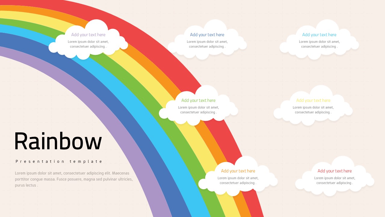 Rainbow PowerPoint template with colorful arc and 6 cloud text boxes for creative business presentations