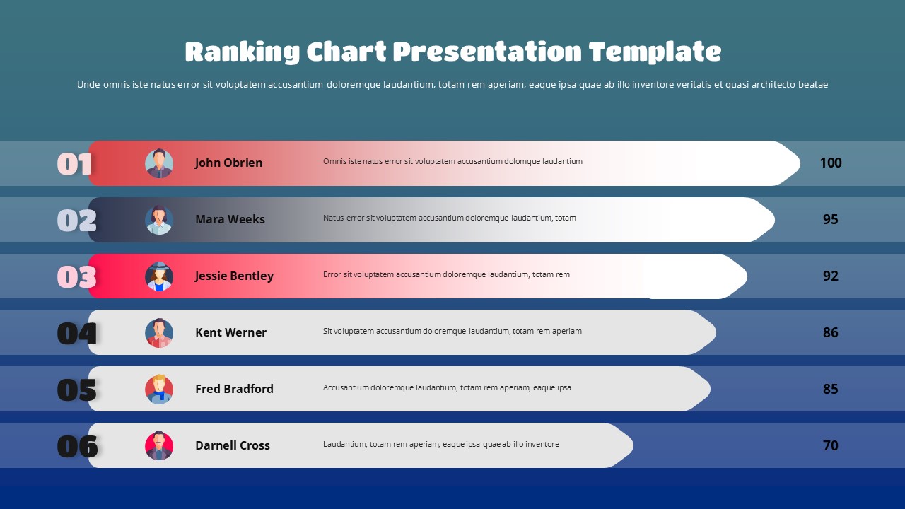 Alternative ranking chart template with dark teal background and 6 ranked entries