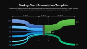 Dark theme Sankey diagram template for PowerPoint with colorful data flows on black background presentation slide