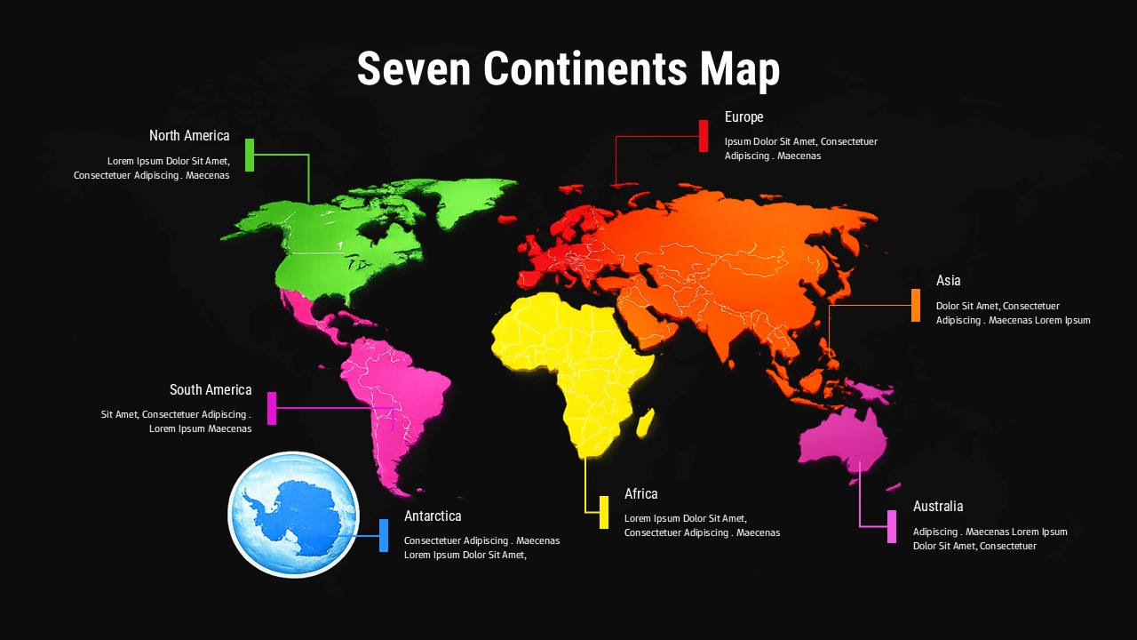 Dark theme seven continents map Google Slides template with colored regions and informational callout boxes