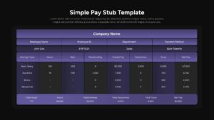 Dark theme pay stub template showing identical salary breakdown with enhanced contrast for digital viewing