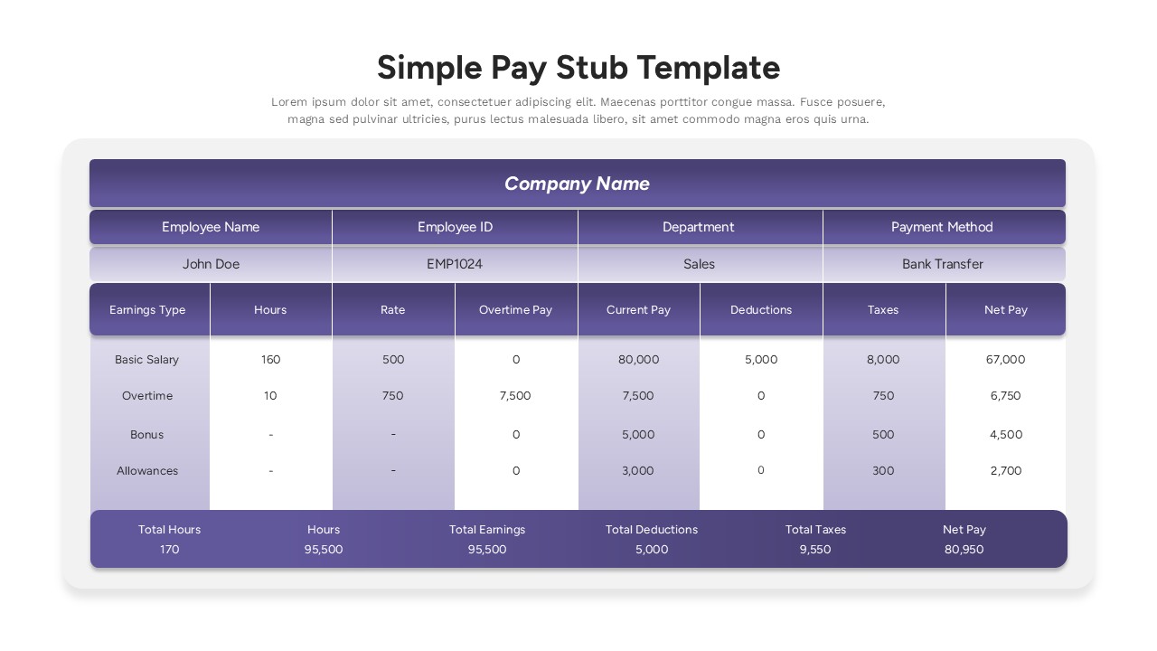 Professional pay stub template with purple gradient design showing employee earnings, deductions, and net pay breakdown