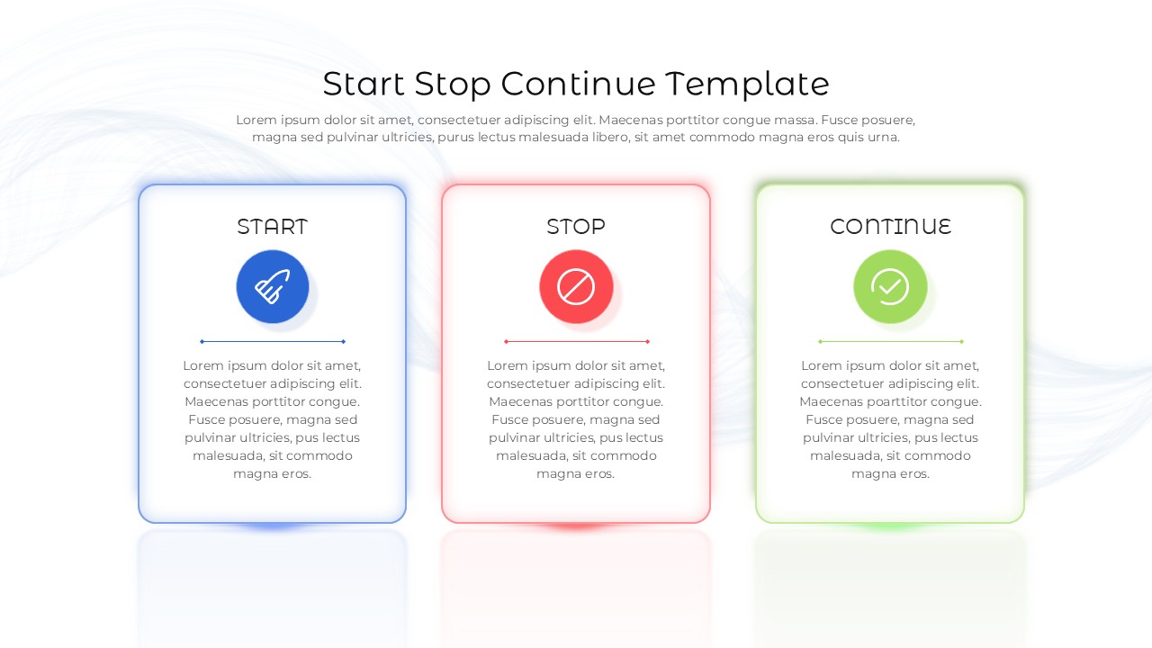 Light themed Start Stop Continue template with three pastel colored cards