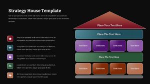 Dark-themed Strategy House template with house diagram on black background for strategic planning presentations