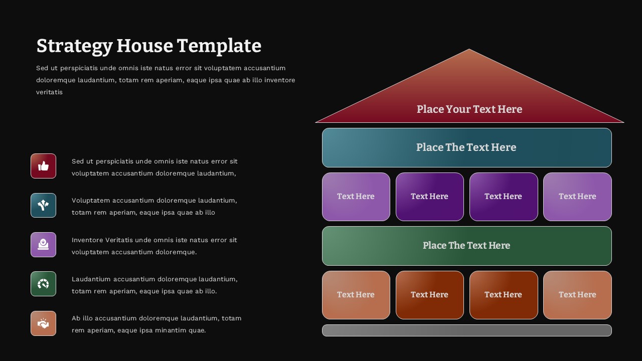 Dark-themed Strategy House template with house diagram on black background for strategic planning presentations
