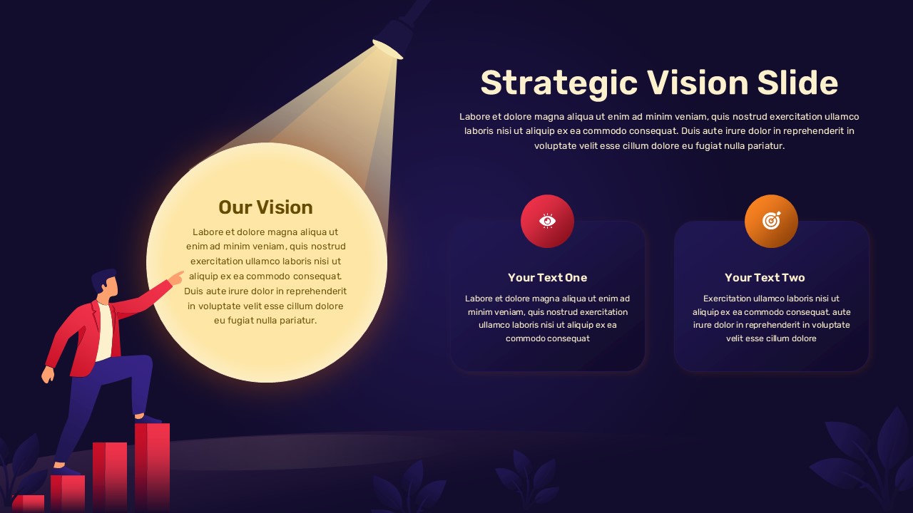 Strategy vision slide template with businessman on red charts, golden vision circle, navy background