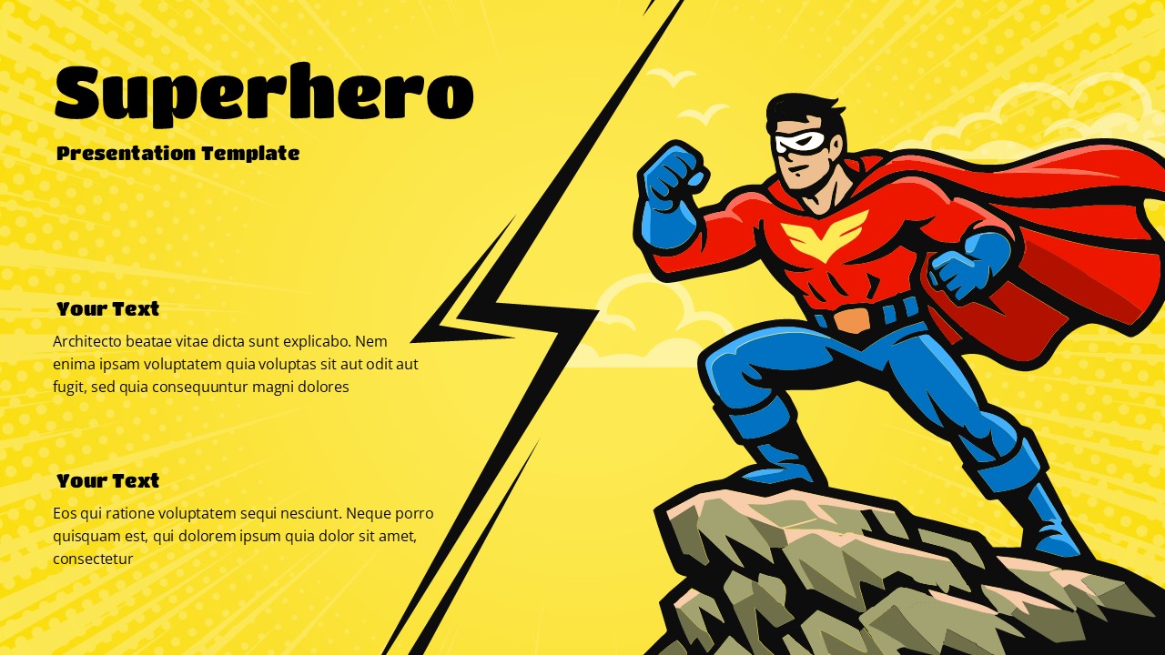 Superhero PowerPoint template with lightning bolt design, yellow background, and caped hero - ideal for motivational presentations